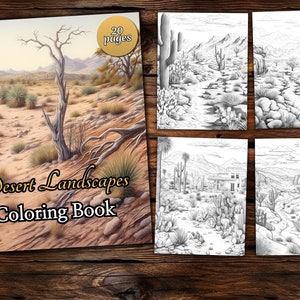 Desert Landscapes Coloring Page Book, Fantasy Coloring Book, Adult coloring book, Grayscale Coloring Page, Landscape Coloring page
