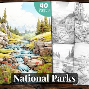 Nationalparks Malbuch, 40 Malvorlagen, für Erwachsene und für Kinder zum Ausmalen, Graustufen-Malbuch, PDF zum Ausdrucken