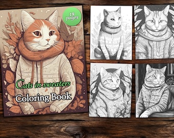 Cats in Sweaters Coloring Page Book, Fantasy Coloring Book, Adult coloring book, Grayscale Coloring Page, Animal Coloring page