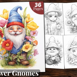 Flower Gnomes Coloring Book, 36 Coloring Pages, for Adults and for Kids coloring, Grayscale Coloring Book, Printable PDF