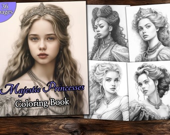 Libro para colorear de Princesas Majestuosas: Arte de retrato en escala de grises (Descarga PDF)