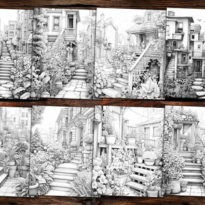 May include: A black and white illustration of a city street with houses, stairs, and lush greenery. The illustration is perfect for coloring.