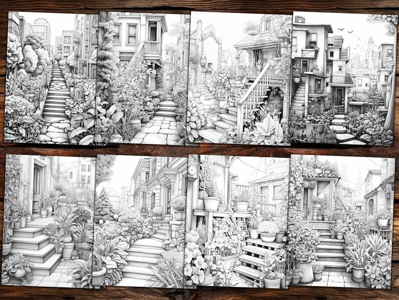 May include: A black and white illustration of a city street with houses, stairs, and lush greenery. The illustration is perfect for coloring.