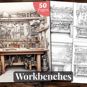 Workbench Coloring Book, 50 Coloring Pages, for Adults and for Kids coloring, Grayscale Coloring Book, Printable PDF