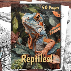 Reptiles Coloring Book, 50 Coloring Pages, For Adults and Kids, Grayscale Coloring Book, Printable PDF