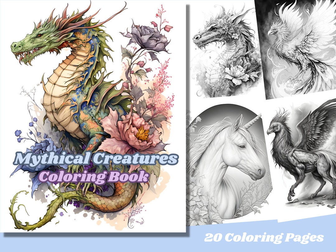 Mythical Creatures Coloring Page Book, Adults & Kids- Instant Download Grayscale Coloring Page ...
