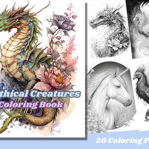 Mythical Creatures Coloring Page Book, Adults & kids- Instant Download Grayscale Coloring Page, Printable PDF, dragon coloring