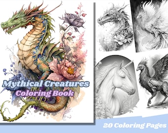 Mythical Creatures Coloring Page Book, Adults & kids- Instant Download Grayscale Coloring Page, Printable PDF, dragon coloring