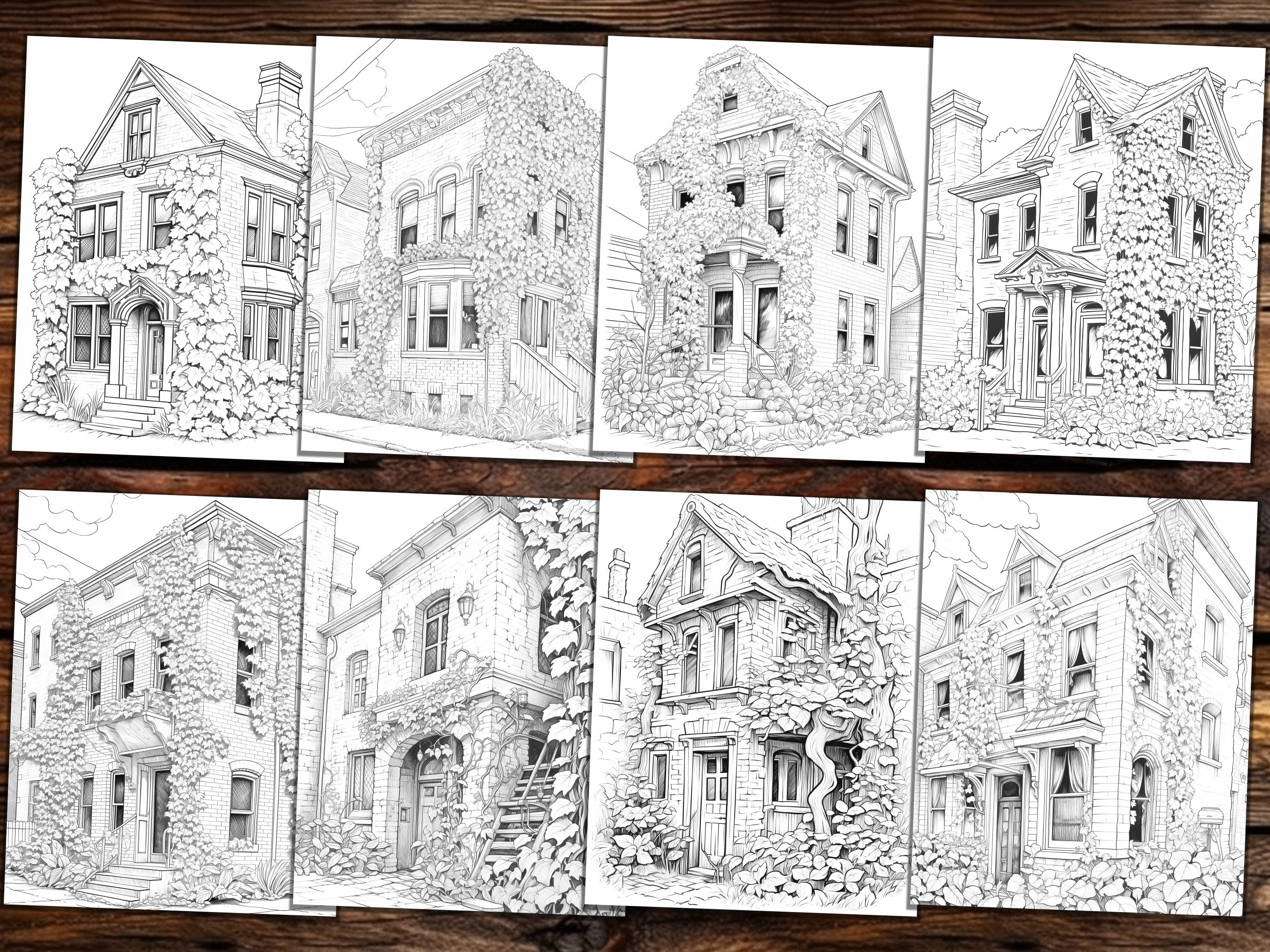 ツタに覆われたレンガ造りの建物の塗り絵：グレースケール