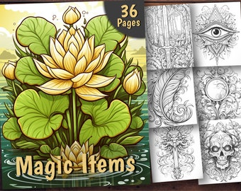 Op de afbeelding: Een kleurboek met 36 pagina's met illustraties van magische voorwerpen. De omslag toont een gele lotusbloem met groene bladeren in een vijver. De andere pagina's tonen illustraties van een zwaard, een veer, een spiegel, een schedel en een kruis.