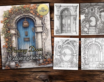 Fantasy Doors Coloring Page Book, Fantasy Coloring Book, Adult coloring book, Grayscale Coloring Page, Fantasy Coloring page
