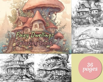 Mushroom Fairy House Coloring Book: Grayscale Fantasy Art (Printable PDF)