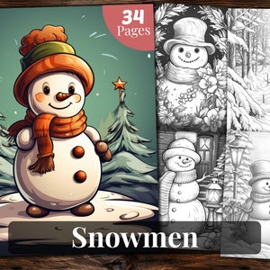 Snowmen Coloring Book, 34 Coloring Pages, For Adults and Kids, Grayscale Coloring Book, Printable PDF