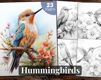Hummingbirds Coloring Book, 23 Coloring Pages, for Adults and for Kids coloring, Grayscale Coloring Book, Printable PDF