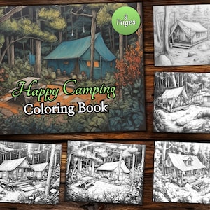 Campsite Page Book, Adults & kids- Instant Download Grayscale Coloring Page, Printable PDF, landscape coloring page