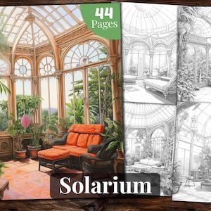 Solarium Malbuch, 44 Malvorlagen, für Erwachsene und für Kinder zum Ausmalen, Graustufen Malbuch, PDF zum Ausdrucken