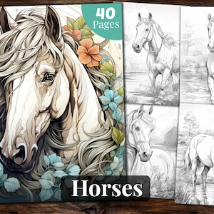Horses Coloring Book, 40 Coloring Pages, for Adults and for Kids coloring, Grayscale Coloring Book, Printable PDF