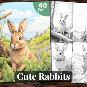 Cute Rabbits Coloring Book, 40 Coloring Pages, for Adults and for Kids coloring, Grayscale Coloring Book, Printable PDF