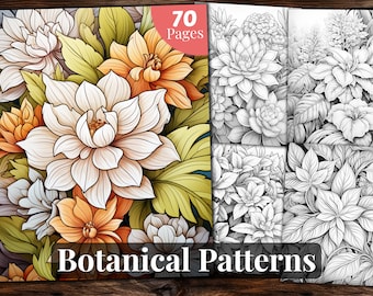 Botanical Patterns Coloring Book: 70 Grayscale Pages (Printable PDF)