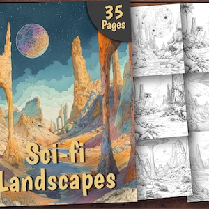 Sci-fi Landscapes Coloring Book, 35 Coloring Pages, For Adults and Kids, Grayscale Coloring Book, Printable PDF