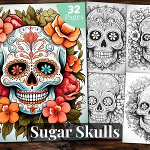 Sugar Skulls Coloring Book, 32 Coloring Pages, for Adults and for Kids coloring, Grayscale Coloring Book, Printable PDF