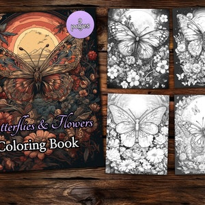 Butterflies and Flowers Coloring Page Book, Fantasy Coloring Book, Adult coloring book, Grayscale Coloring Page, animals Coloring page