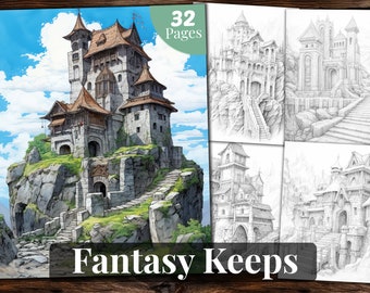 Dwarven Keeps Grayscale Coloring Book: 32 Fantasy Pages (Printable PDF)
