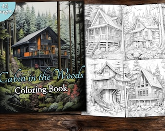 Cabin in the Woods Coloring Page Book, Fantasy Coloring Book, Adult coloring book, Grayscale Coloring Page, Landscape Coloring page