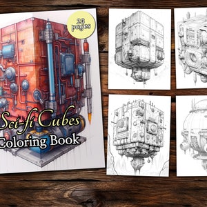 Sci-fi Cubes Coloring Page Book, Fantasy Coloring Book, Adult coloring book, Grayscale Coloring Page, Sci-fi Coloring page