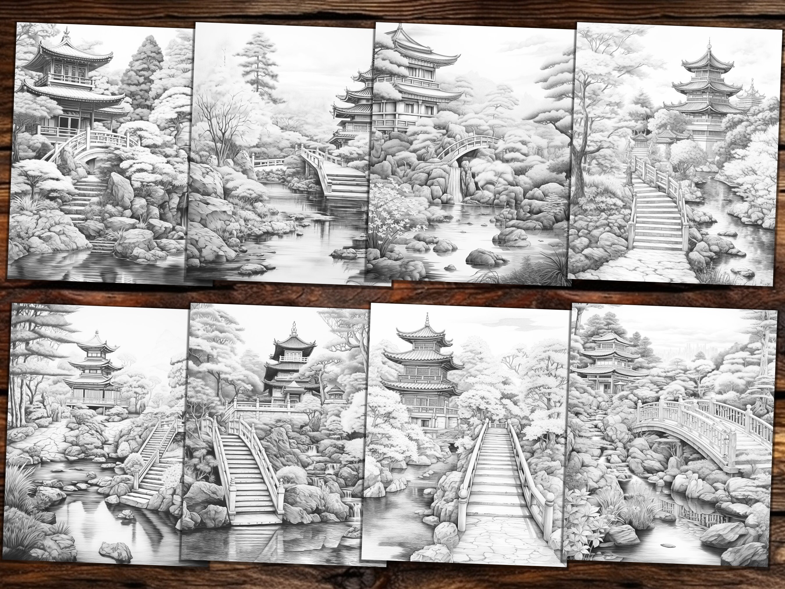 Japanese Garden Coloring Page Book Fantasy Coloring Book Etsy