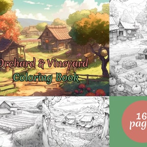 Orchards and Vineyards Coloring Page Book, Grayscale coloring, Adults & kids, Instant Download, Printable PDF