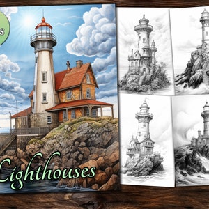 Lighthouses Coloring Page Book, Fantasy Coloring Book, Adult coloring book, Grayscale Coloring Page, Landscpae Coloring page