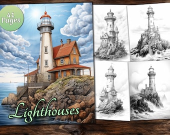 Libro para colorear de faros: Paisajes fantásticos en escala de grises (PDF)