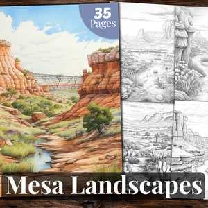 Mesa Landscapes Coloring Book, 35 Coloring Pages, for Adults and for Kids coloring, Grayscale Coloring Book, Printable PDF