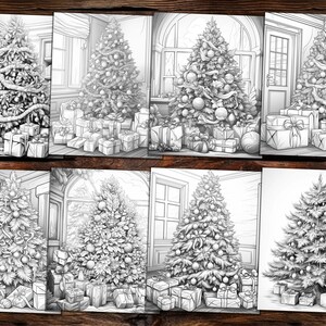 May include: A set of eight black and white illustrations of Christmas trees decorated with ornaments, garlands, and ribbons. Each tree is surrounded by wrapped presents.