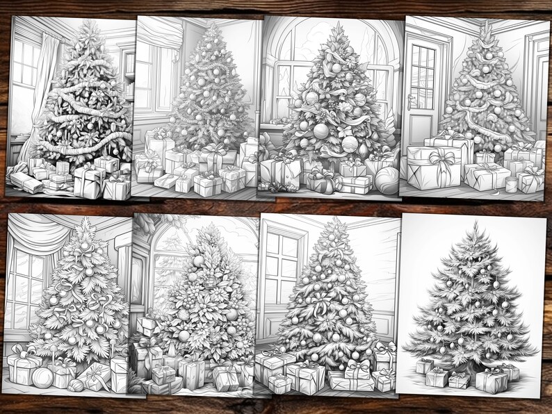 May include: A set of eight black and white illustrations of Christmas trees decorated with ornaments, garlands, and ribbons. Each tree is surrounded by wrapped presents.