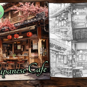 Japanese Cafe Coloring Book: Grayscale Storefront Fantasy (PDF)