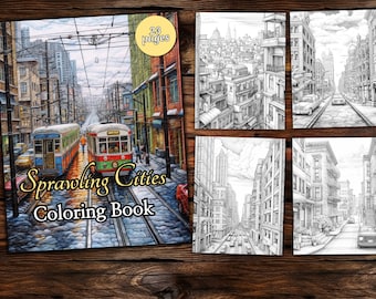 Sprawling Cities Coloring Book: Grayscale Fantasy Cityscapes (PDF Download)