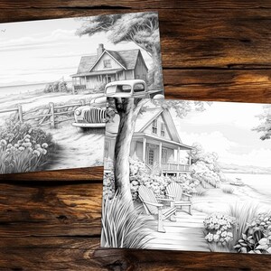 May include: Two black and white illustrations of houses with porches. The first image shows a house with a truck parked in front of it. The second image shows a house with two chairs on the porch.