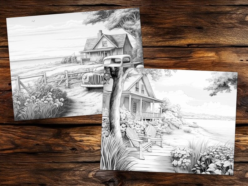 May include: Two black and white illustrations of houses with porches. The first image shows a house with a truck parked in front of it. The second image shows a house with two chairs on the porch.