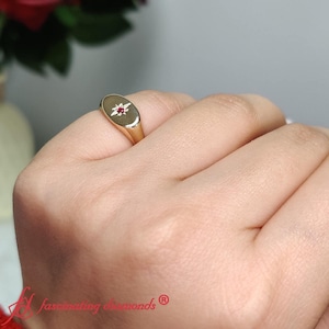Oval Starburst Ruby Diamond Signet Ring 14K Yellow Gold Pinky Finger Ring
