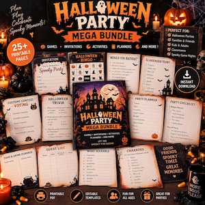 Halloween Party Games Bundel, Interactieve HTML Planner Bingo, Quiz, Speurtocht & Feestplanner