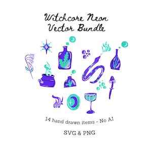 May include: A digital collection of 14 hand-drawn vector illustrations titled Witchcore Neon Vector Bundle. The set includes purple and teal icons of a snake, potion bottles, a cauldron, a mushroom, a star, and a goblet, with text reading 14 hand drawn items - No AI SVG & PNG.