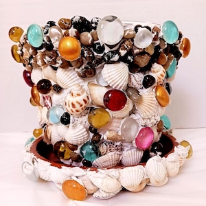 Seashell Art Clay Pot Planter: Beachy Home Decor with Glass Gems