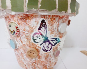 Mixed Media Clay Planter, Original Art Clay Flower Pot, Mosaic, Tiles, Butterflies, Ceramic, Indoor, Outdoor, Garden Decor, Container, Gift