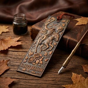May include: A bronze-colored metal bookmark featuring a detailed relief of the Headless Horseman on horseback, with the text "Sleepy Hollow". The bookmark has a leather loop and is decorated with roses and autumn leaves. A vintage inkwell and quill pen are also present.