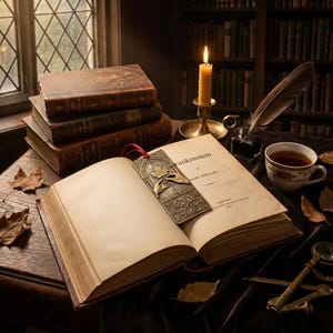 May include: An open book titled "Frankenstein" with a bronze bookmark featuring a hand holding a maple leaf. A lit candle, inkwell, quill, and teacup sit on a dark table with old books. Autumn leaves add to the vintage aesthetic.