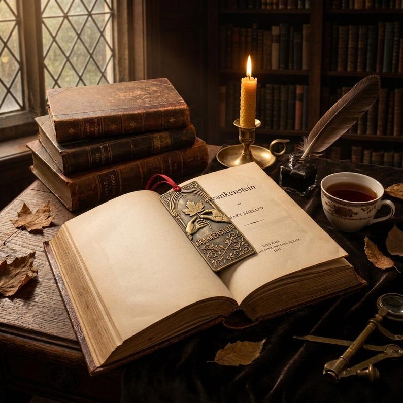May include: An open book titled "Frankenstein" with a bronze bookmark featuring a hand holding a maple leaf. A lit candle, inkwell, quill, and teacup sit on a dark table with old books. Autumn leaves add to the vintage aesthetic.