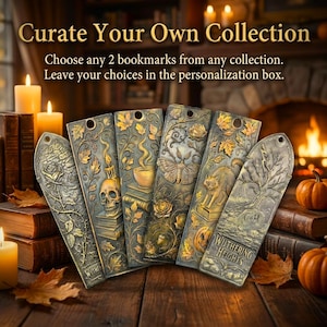 May include: A collection of decorative metal bookmarks with various embossed designs, including a rose, skull, teacup, butterfly, cat, and tree. The bookmarks are displayed on a wooden surface with text that reads "Curate Your Own Collection."