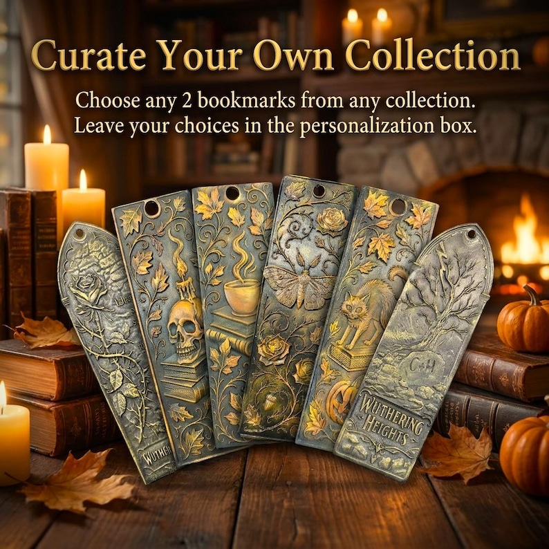May include: A collection of decorative metal bookmarks with various embossed designs, including a rose, skull, teacup, butterfly, cat, and tree. The bookmarks are displayed on a wooden surface with text that reads "Curate Your Own Collection."